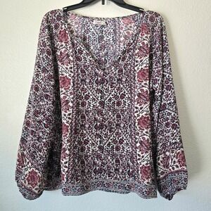 Faherty Women's Medium 100% Silk Boho Flowy VNeck Blouse Top Coastal Lightweight